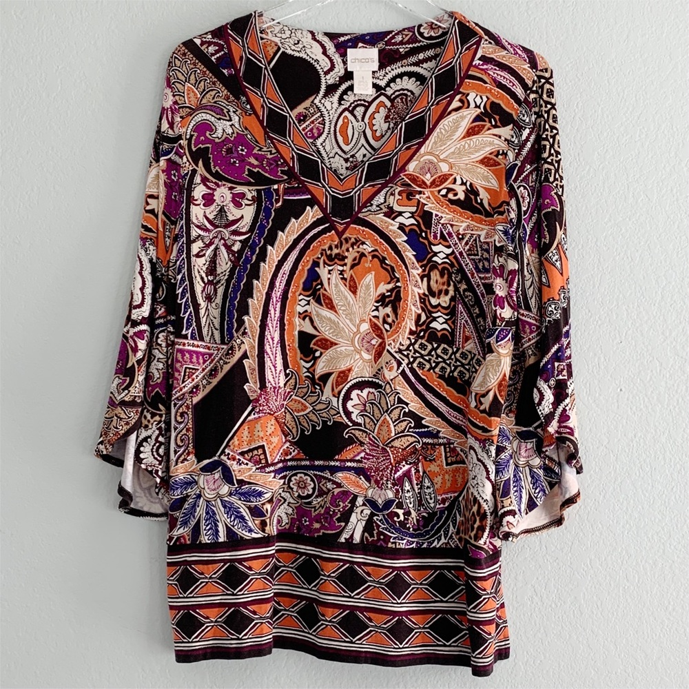 Chico's Black, Purple & Orange Paisley V-Neck Tunic